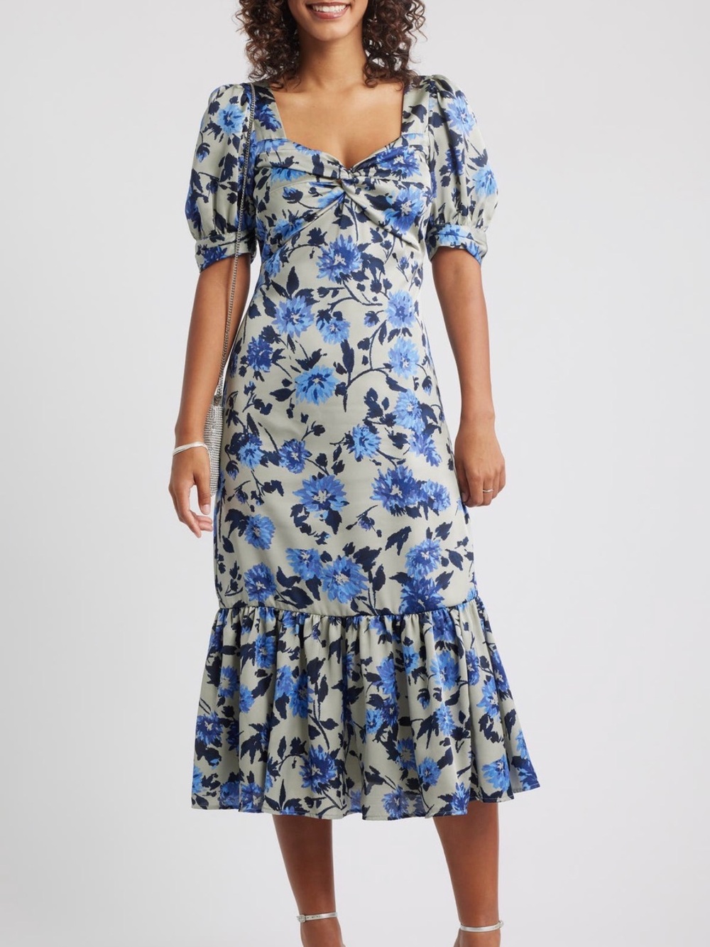 NWT Chelsea28 Blue Floral Puff Sleeve Midi Dress Size XL